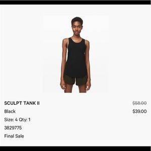 Lululemon Sculpt Tank - Size 4 - Black